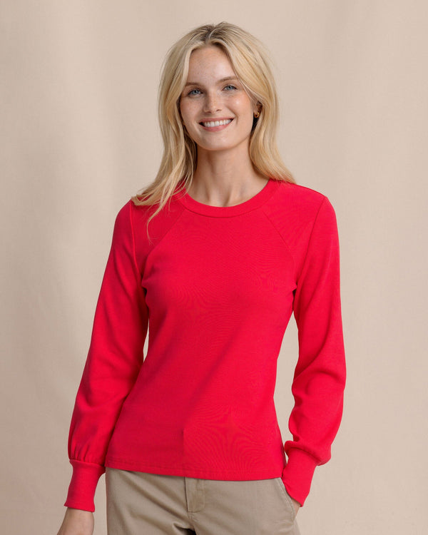 The front view of the Southern Tide Molley Long Sleeve Rib Top by Southern Tide - Grenadine Red