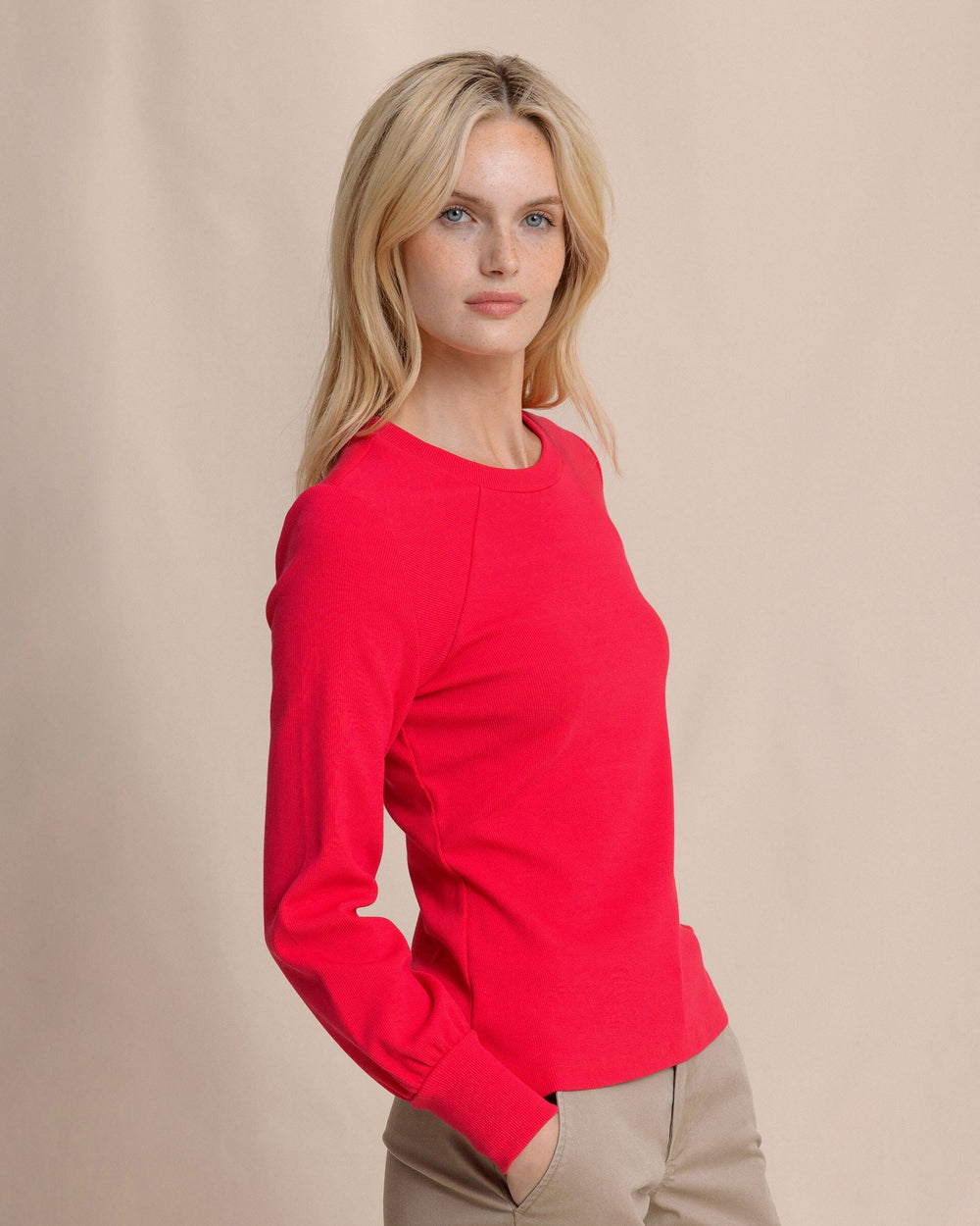 The side view of the Southern Tide Molley Long Sleeve Rib Top by Southern Tide - Grenadine Red