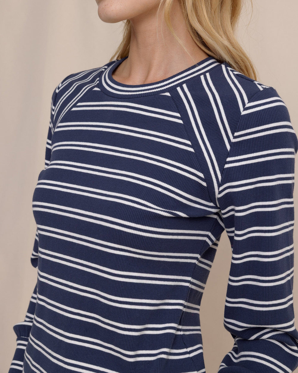 The detail view of the Southern Tide Molley Stripe Long Sleeve Rib Top by Southern Tide - Dress Blue