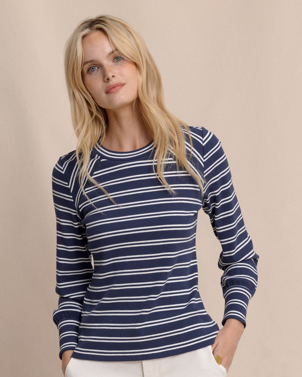 The front view of the Southern Tide Molley Stripe Long Sleeve Rib Top by Southern Tide - Dress Blue