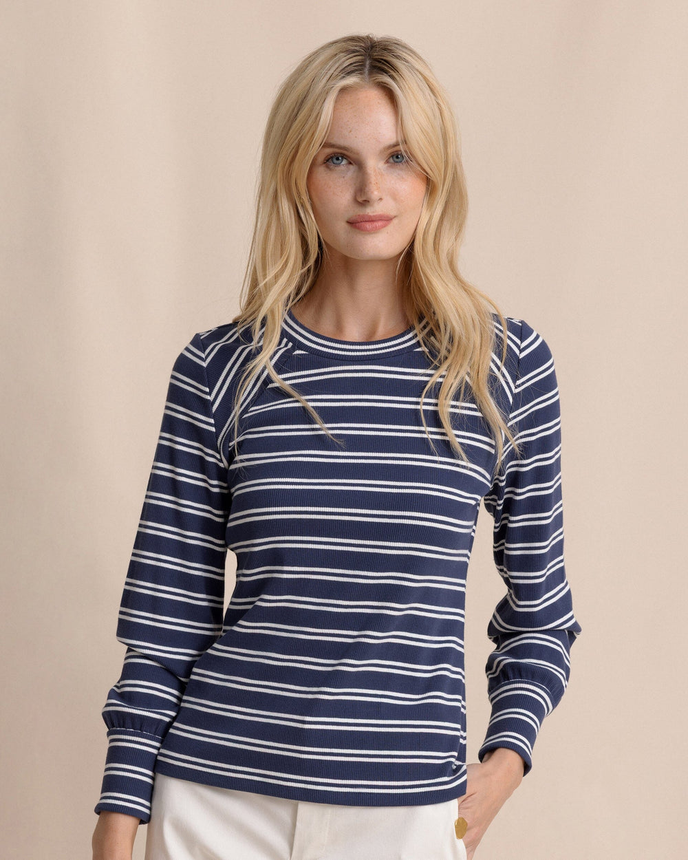 The front view of the Southern Tide Molley Stripe Long Sleeve Rib Top by Southern Tide - Dress Blue