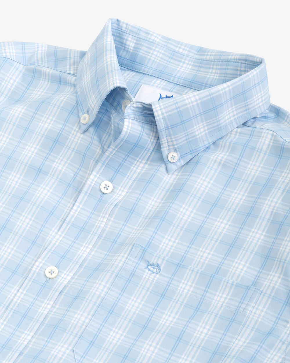 The detail view of the Southern Tide Muscogee Plaid Intercoastal Long Sleeve Sport Shirt by Southern Tide - Clearwater Blue