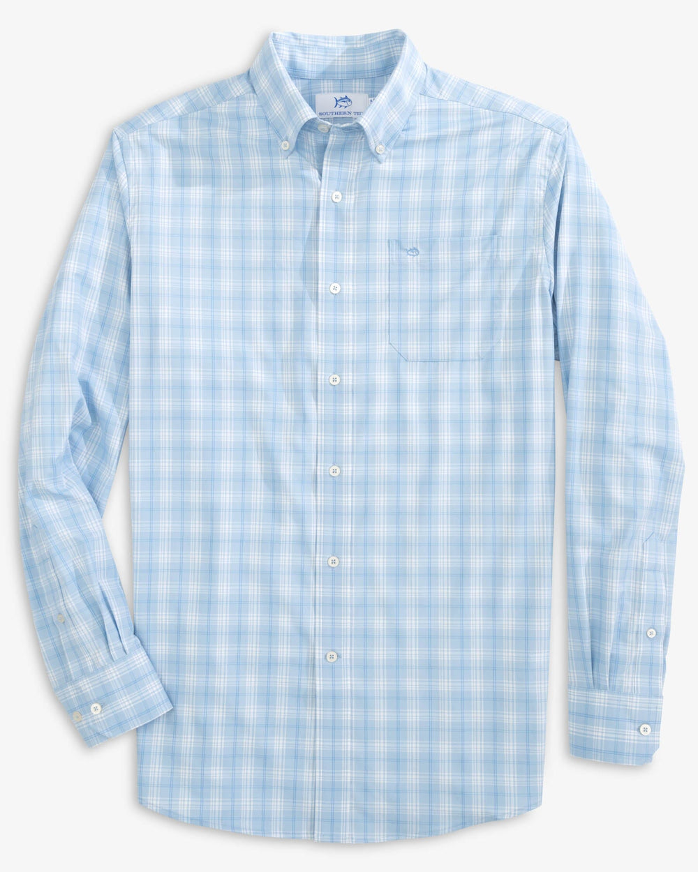 The front view of the Southern Tide Muscogee Plaid Intercoastal Long Sleeve Sport Shirt by Southern Tide - Clearwater Blue