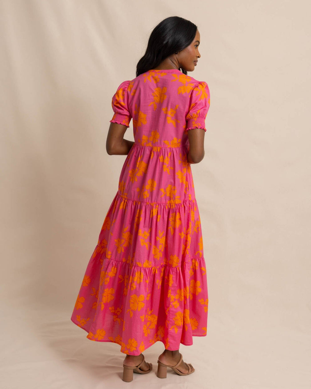 The back view of the Southern Tide Nadine Tiered Cotton Lawn Maxi by Southern Tide - Camelia Rose Pink