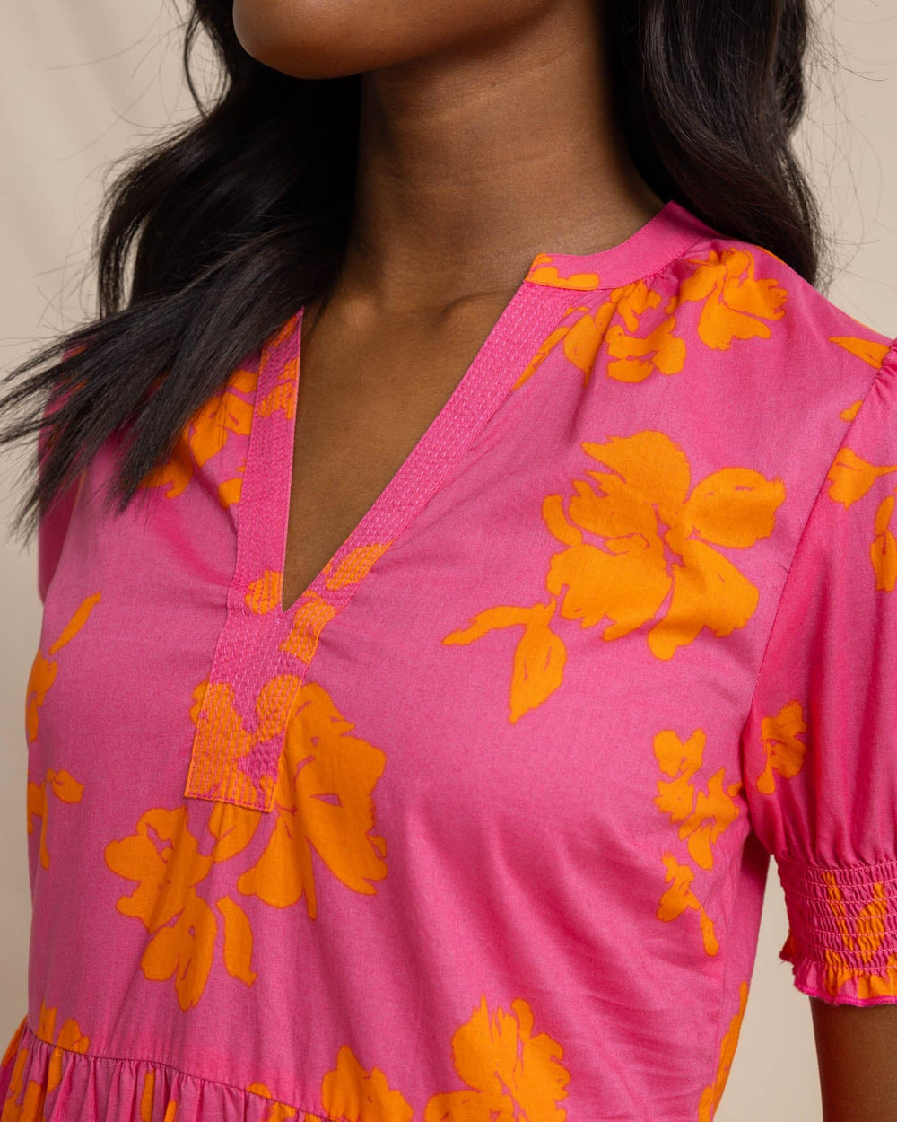 The detail view of the Southern Tide Nadine Tiered Cotton Lawn Maxi by Southern Tide - Camelia Rose Pink