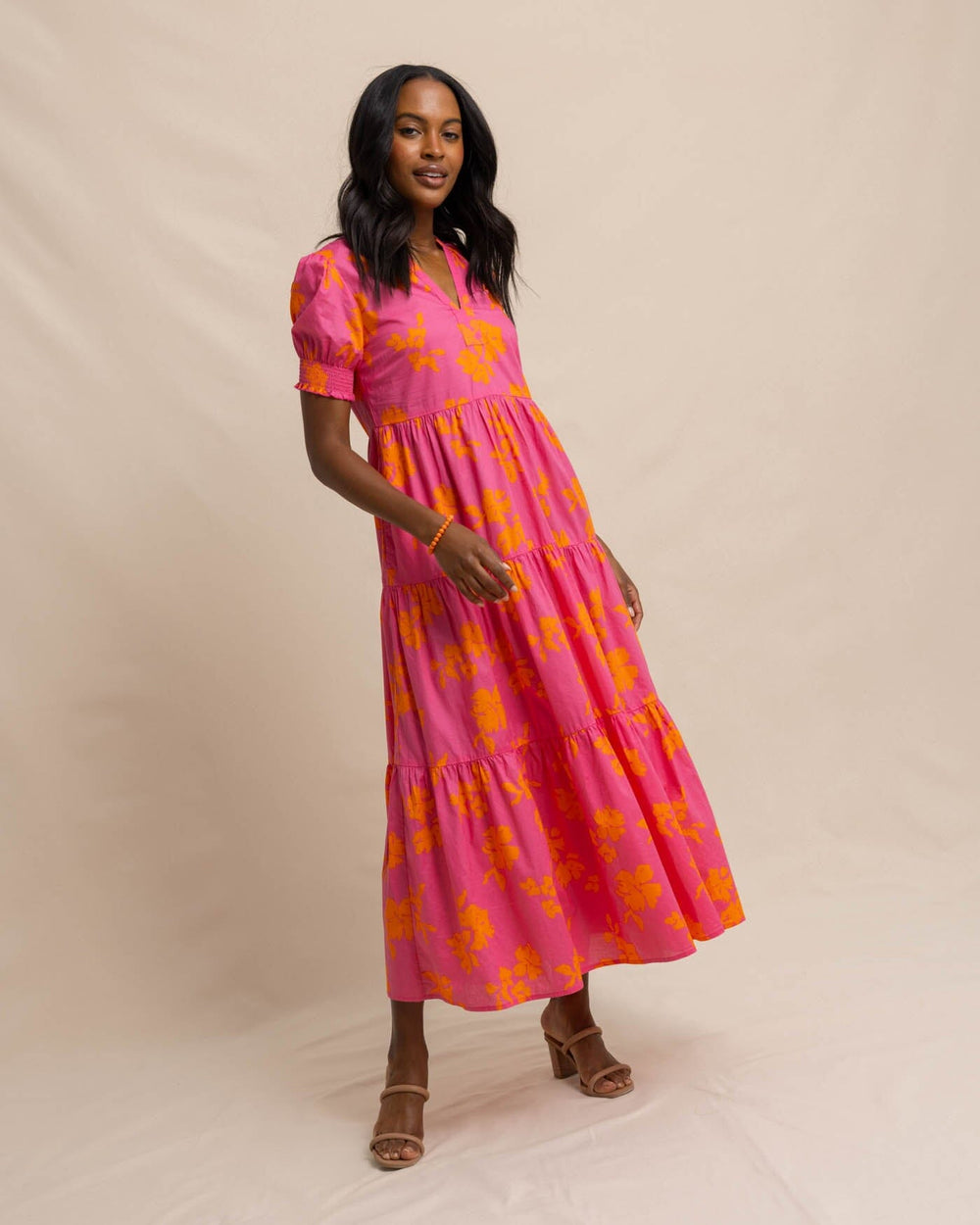The front view of the Southern Tide Nadine Tiered Cotton Lawn Maxi by Southern Tide - Camelia Rose Pink