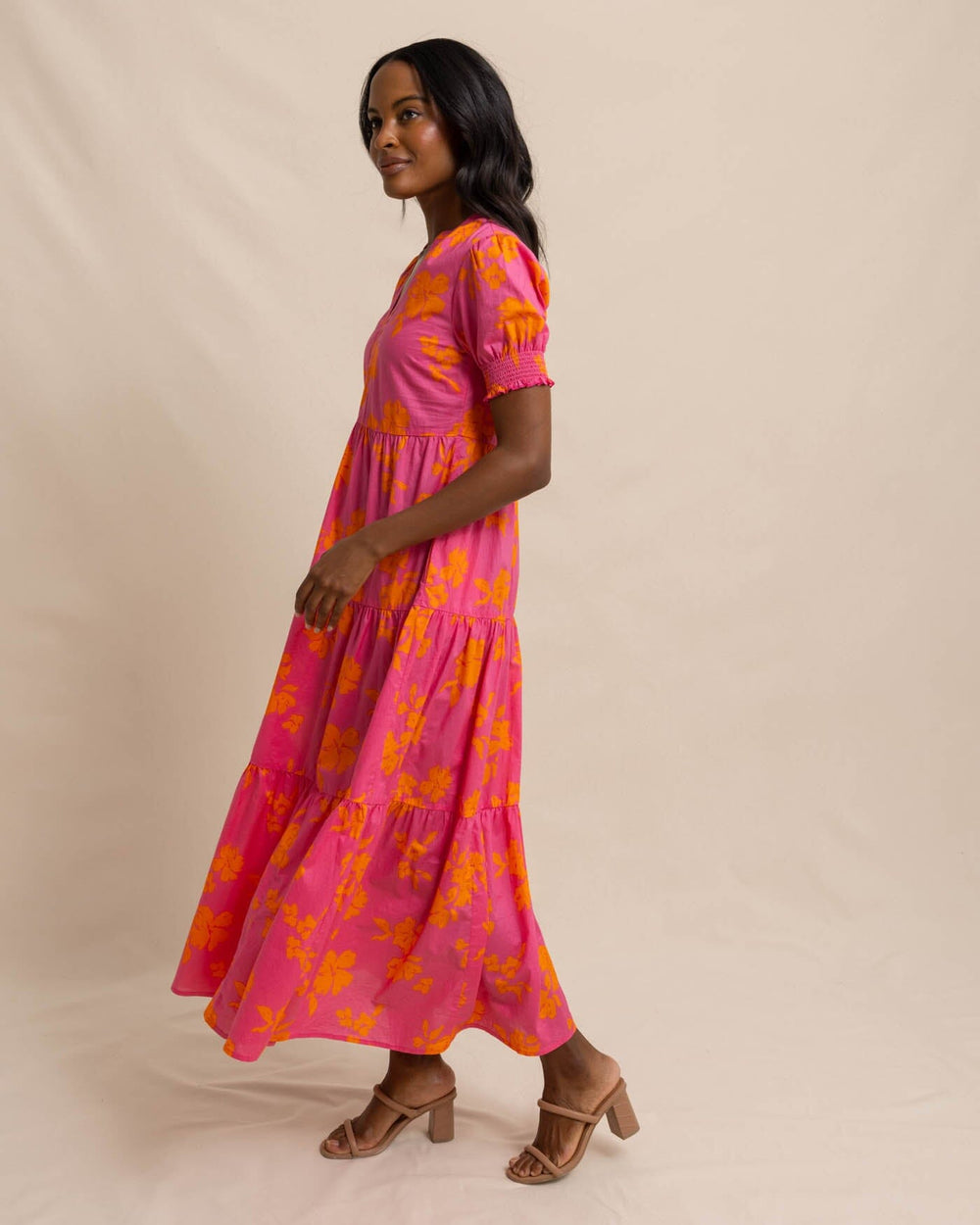 The front view of the Southern Tide Nadine Tiered Cotton Lawn Maxi by Southern Tide - Camelia Rose Pink