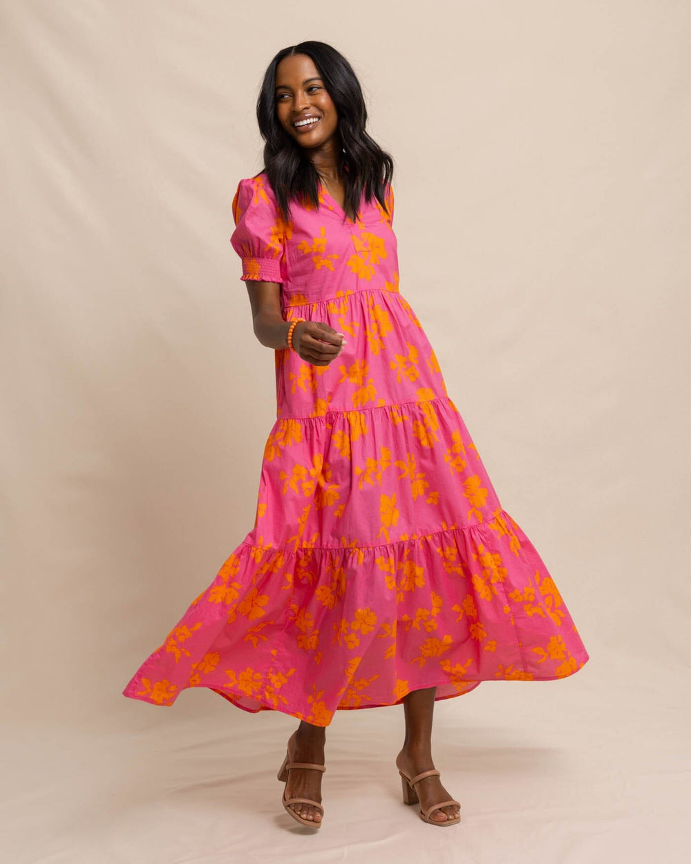 The front view of the Southern Tide Nadine Tiered Cotton Lawn Maxi by Southern Tide - Camelia Rose Pink