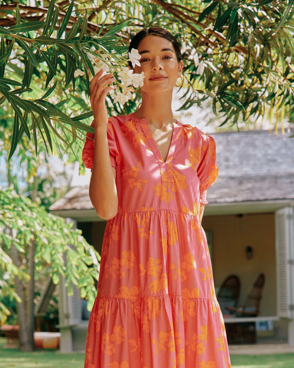 The front view of the Southern Tide Nadine Tiered Cotton Lawn Maxi by Southern Tide - Camelia Rose Pink