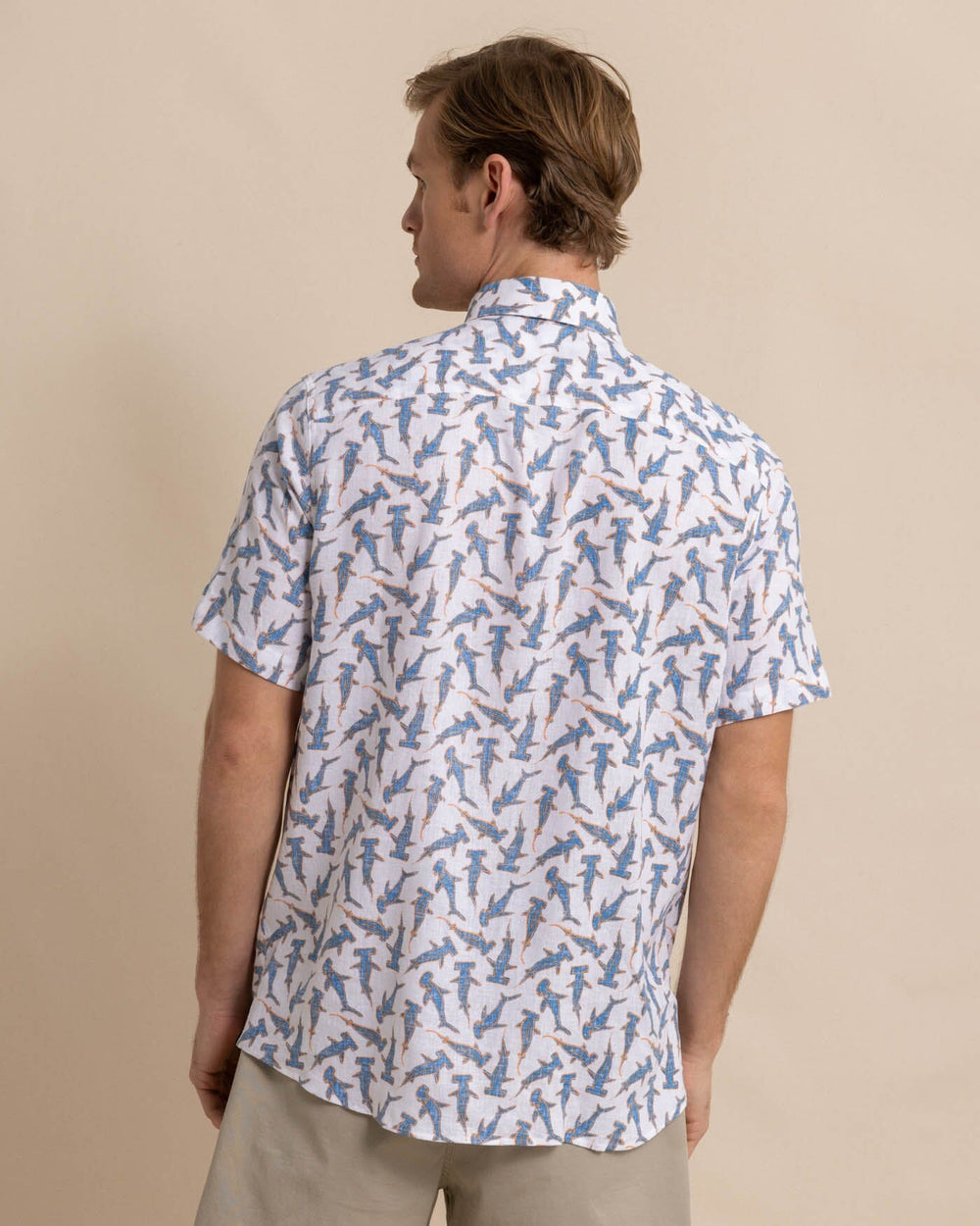 The back view of the Southern Tide Nailed It Linen Rayon Short Sleeve Sport Shirt by Southern Tide - Classic White