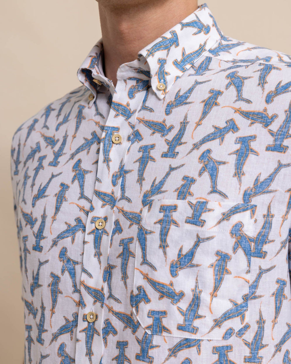 The detail view of the Southern Tide Nailed It Linen Rayon Short Sleeve Sport Shirt by Southern Tide - Classic White