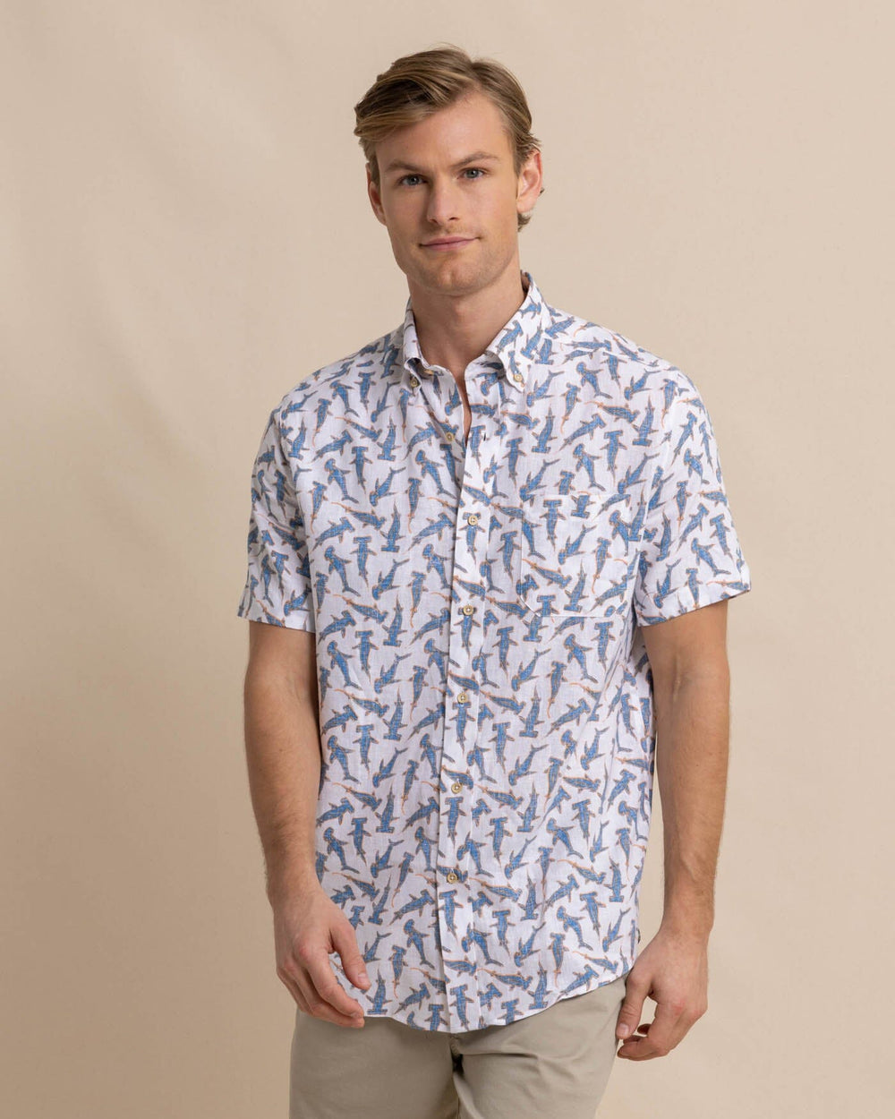 The front view of the Southern Tide Nailed It Linen Rayon Short Sleeve Sport Shirt by Southern Tide - Classic White