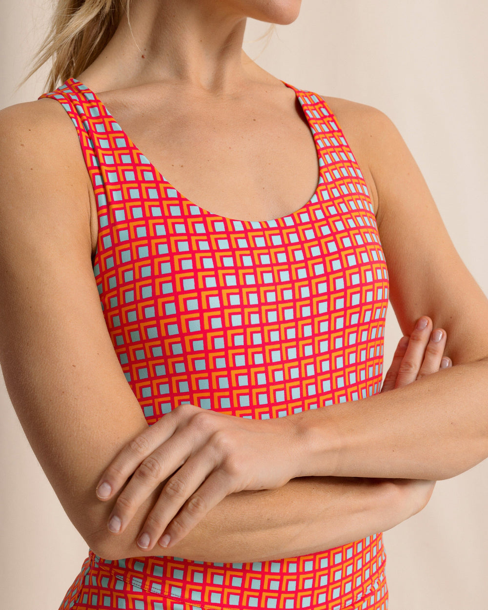 The front detail view of the Southern Tide Natalie Printed Cross Back Tank by Southern Tide - Calypso Berry