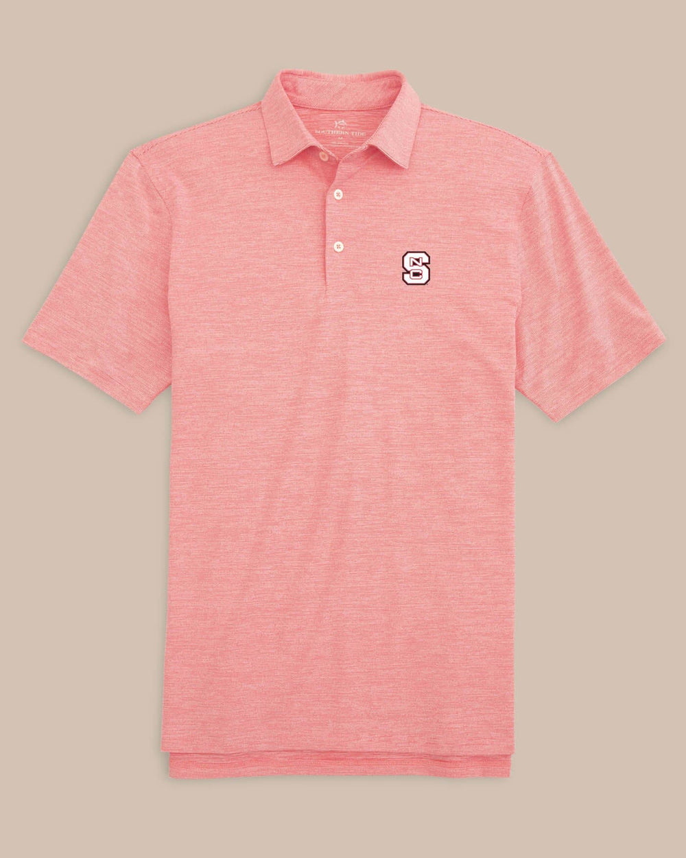 The front view of the NC State Driver Spacedye Polo Shirt by Southern Tide - Varsity Red