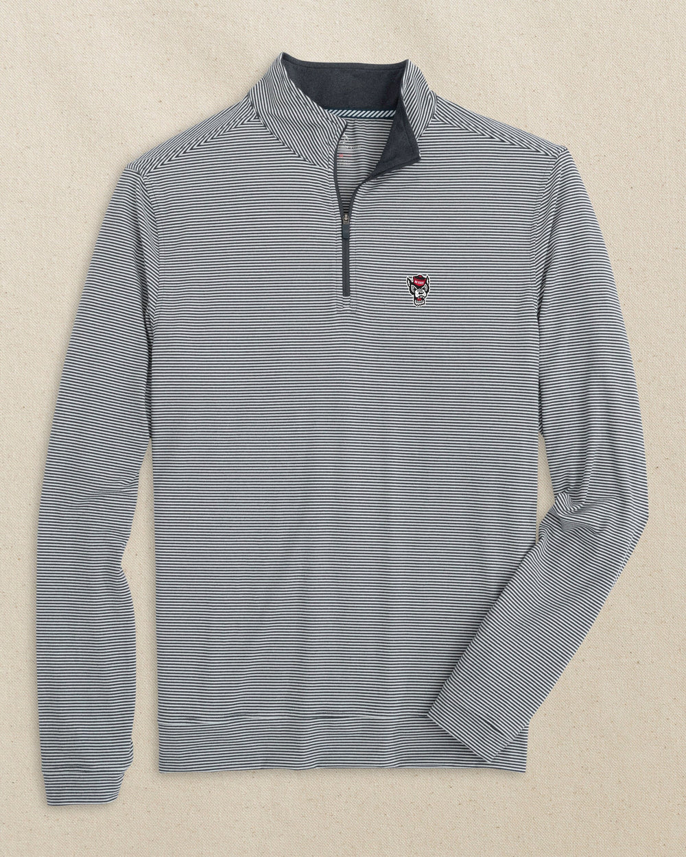 The front view of the Southern Tide NC State Wolf Head Cruiser Micro-Stripe Heather Quarter Zip by Southern Tide - Heather Black