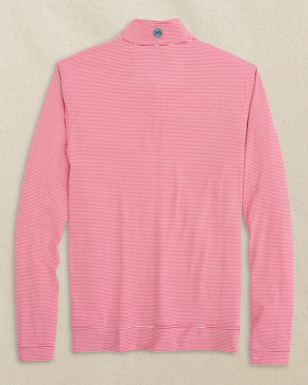 The back view of the Southern Tide NC State Wolf Head Cruiser Micro-Stripe Heather Quarter Zip by Southern Tide - Heather Varsity Red