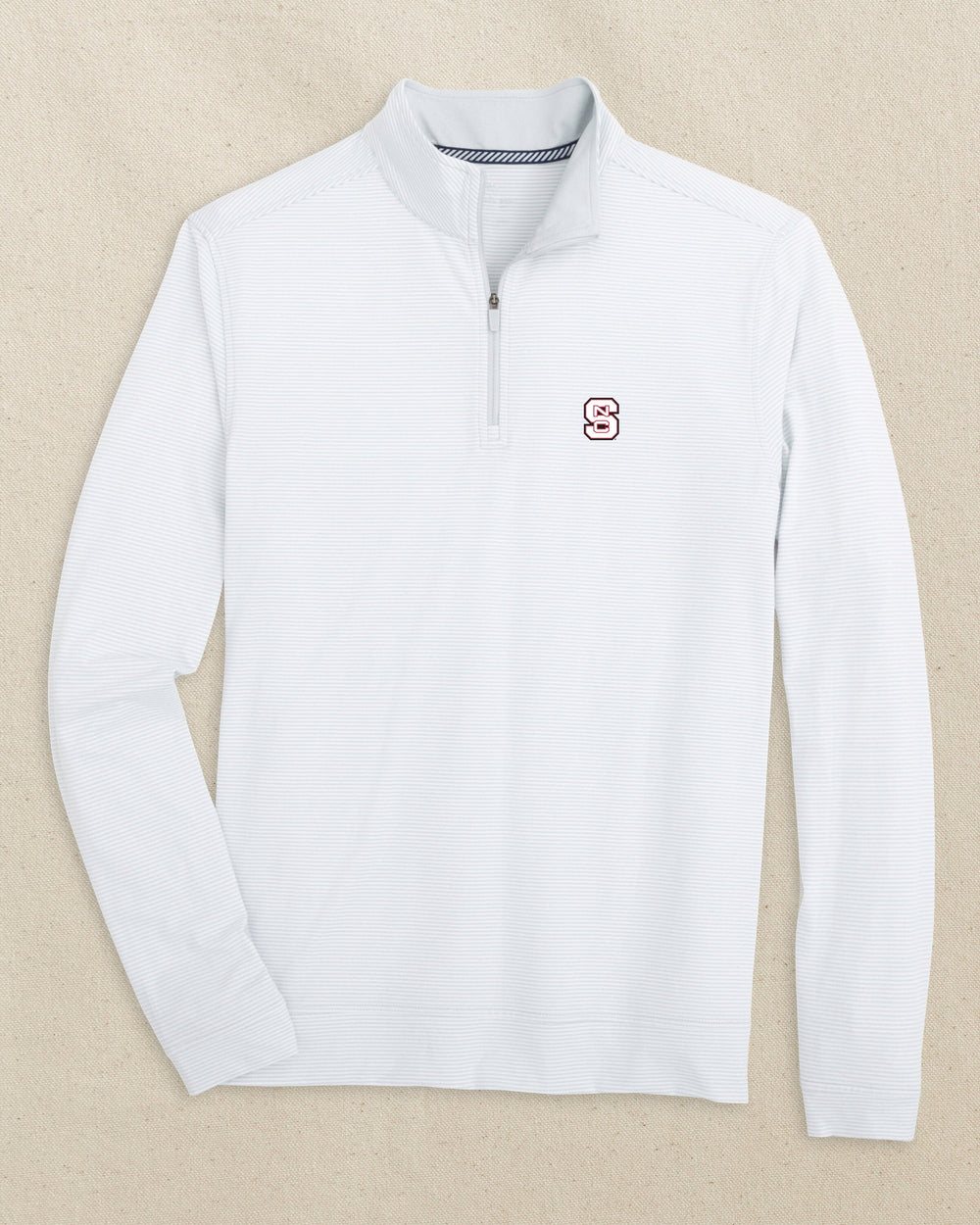 The front view of the Southern Tide NC State Wolfpack Cruiser Micro-Stripe Quarter Zip by Southern Tide - Heather Slate Grey