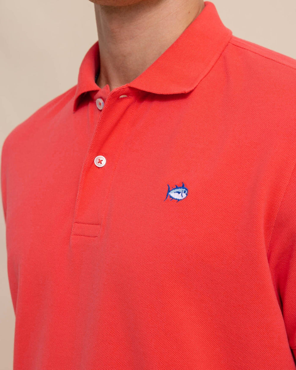 The detail view of the Southern Tide new-skipjack-polo-shirt by Southern Tide - Paprika Red