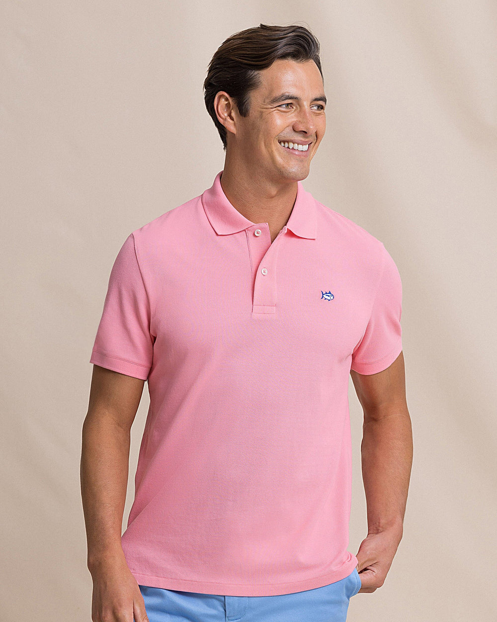 The front view of the Southern Tide Skipjack Polo Shirt by Southern Tide - Sea Pink