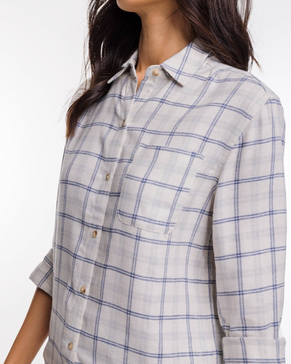 The detail view of the Southern Tide Niki Chilly Morning Plaid Shirt by Southern Tide - Marshmallow
