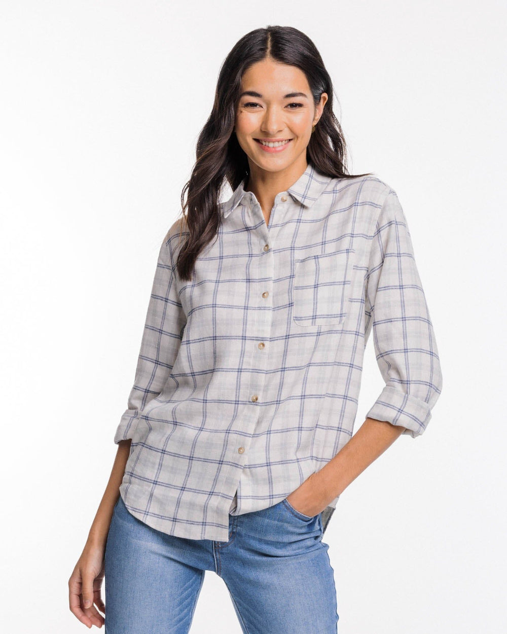 The front view of the Southern Tide Niki Chilly Morning Plaid Shirt by Southern Tide - Marshmallow