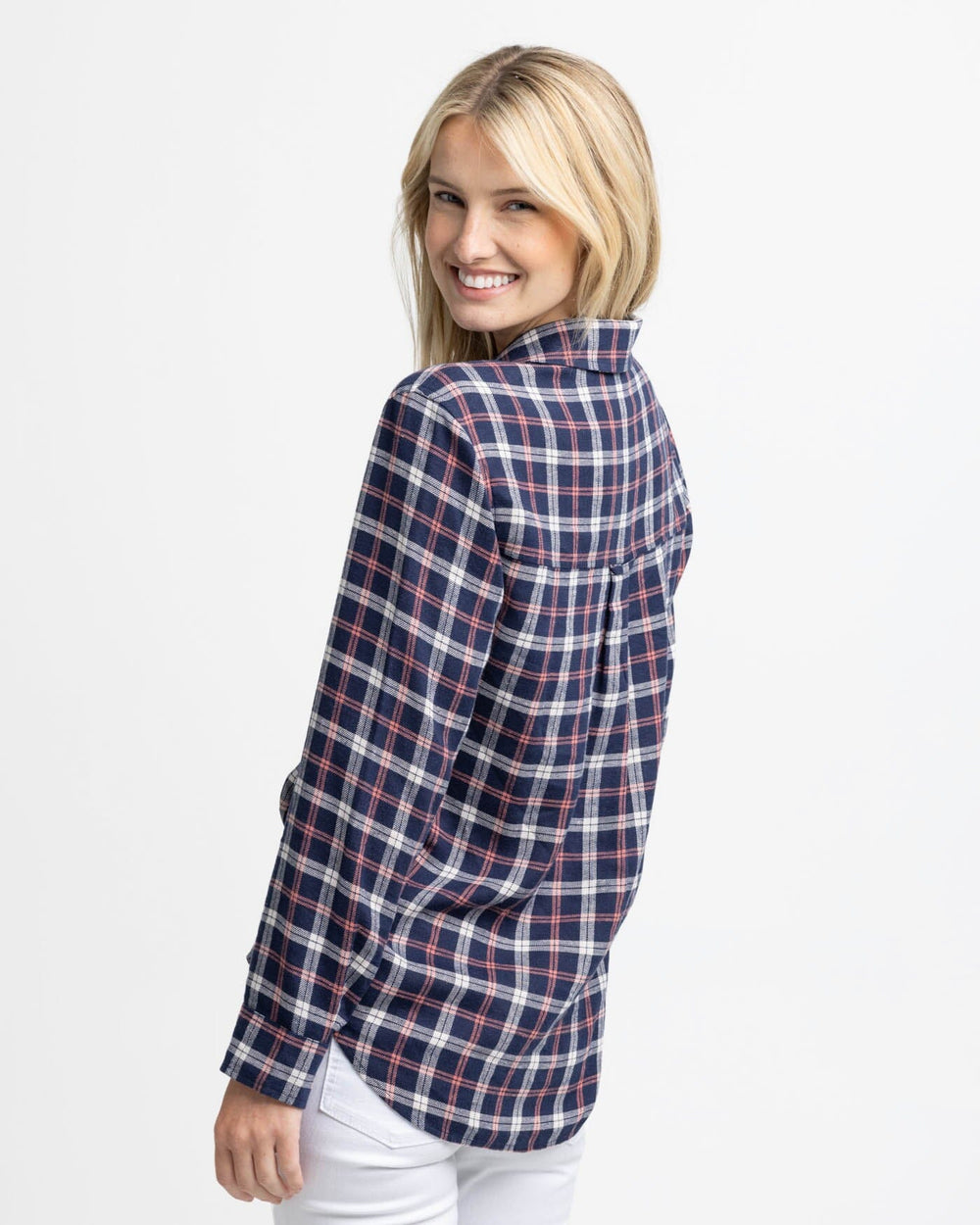 The back view of the Southern Tide Niki Chilly Morning Plaid Shirt by Southern Tide - Nautical Navy