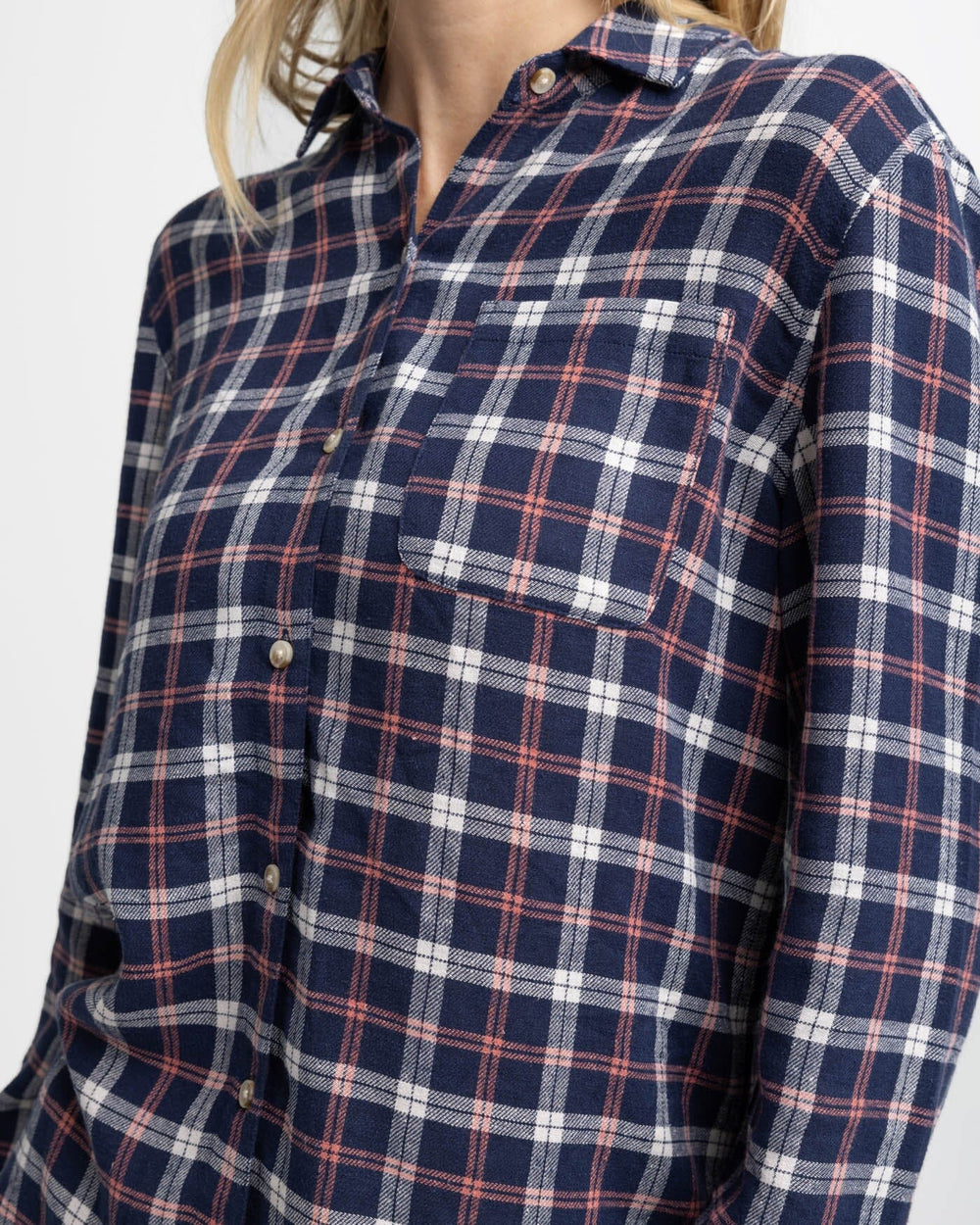 The detail view of the Southern Tide Niki Chilly Morning Plaid Shirt by Southern Tide - Nautical Navy