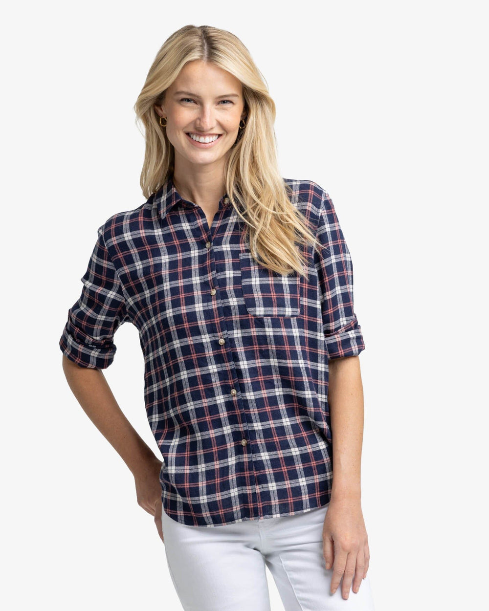 The front view of the Southern Tide Niki Chilly Morning Plaid Shirt by Southern Tide - Nautical Navy
