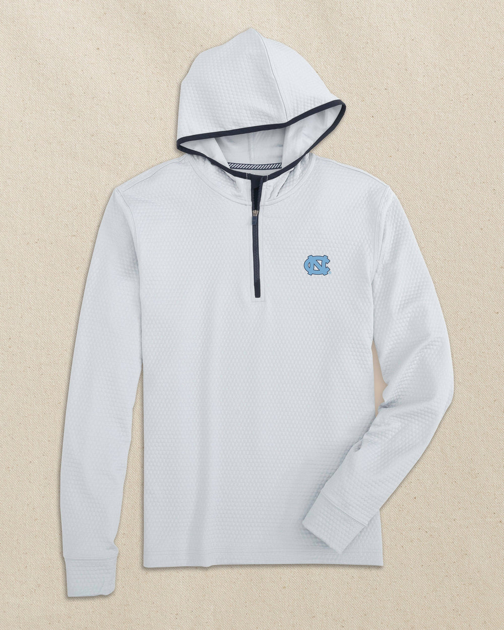 The front view of the North Carolina Tar Heels Scuttle Heather Performance Quarter Zip Hoodie by Southern Tide - Heather Slate Grey
