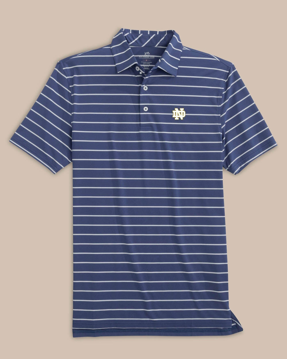 The front view of the Notre Dame Fighting Irish brrr°®-eeze Desmond Stripe Polo by Southern Tide - Navy