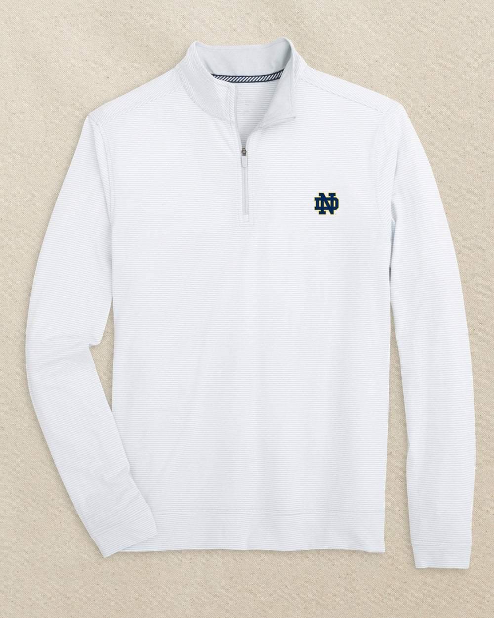 The front view of the Southern Tide Notre Dame Fighting Irish Cruiser Micro-Stripe Heather Quarter Zip by Southern Tide - Heather Slate Grey