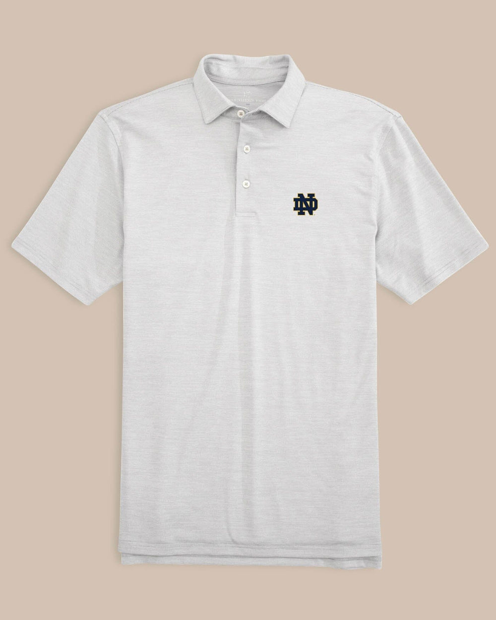 The front view of the Notre Dame Fighting Irish Driver Spacedye Polo Shirt by Southern Tide - Slate Grey