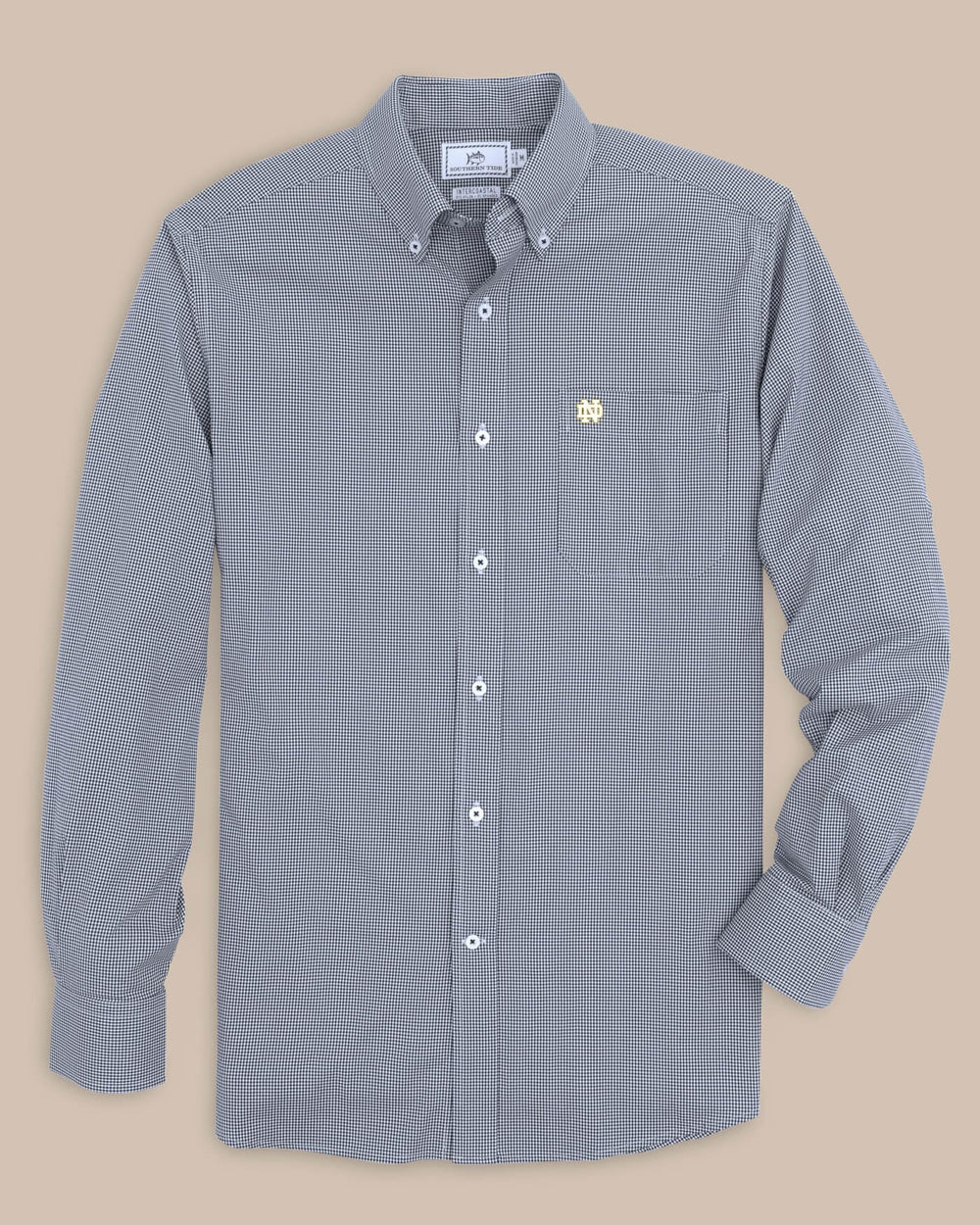 The front view of the Notre Dame Fighting Irish Gingham Button Down Shirt by Southern Tide - Navy