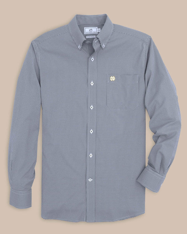 The front view of the Men's Navy Notre Dame Fighting Irish Gingham Button Down Shirt by Southern Tide - Navy