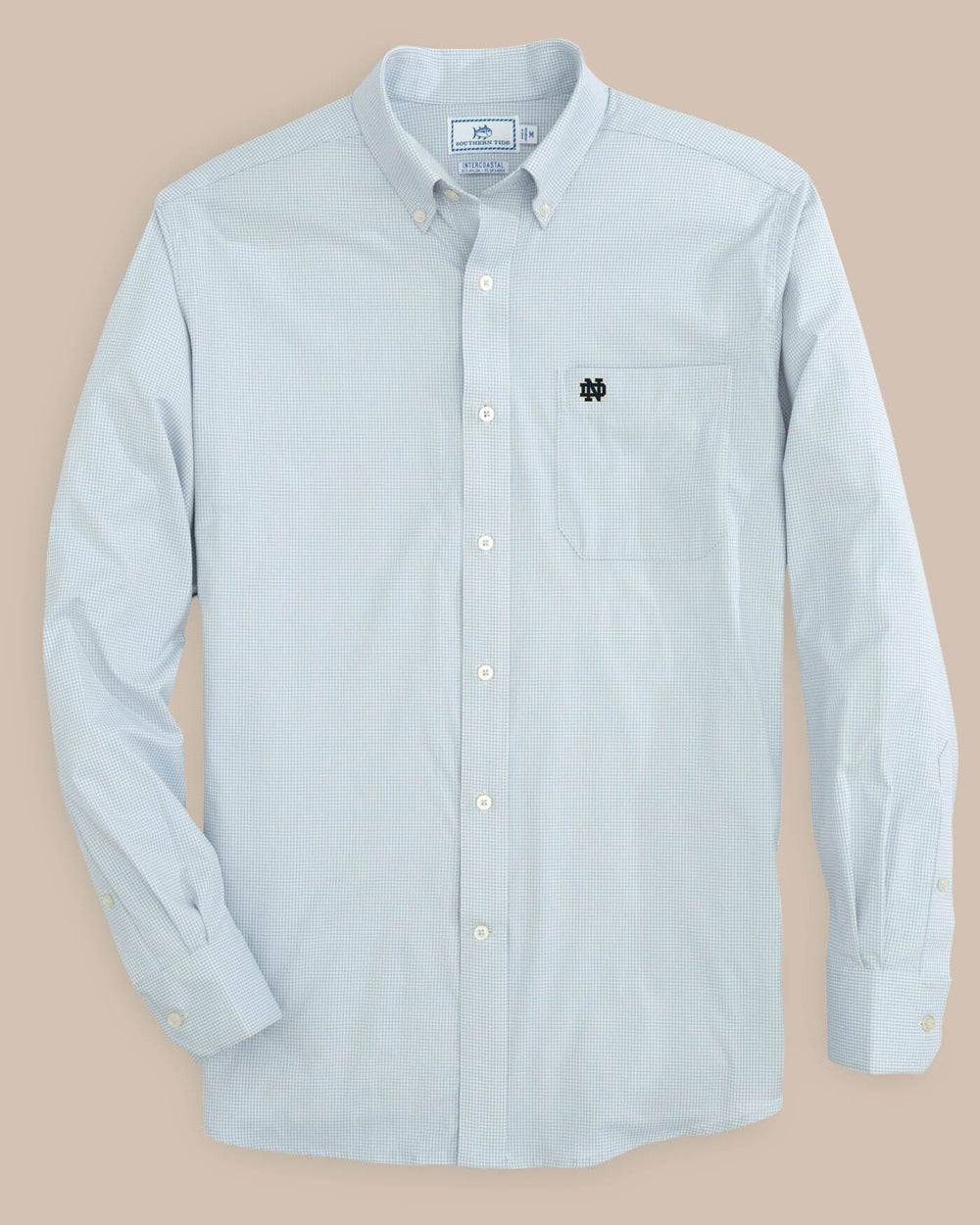 The front view of the Notre Dame Fighting Irish Gingham Button Down Shirt by Southern Tide - Slate Grey