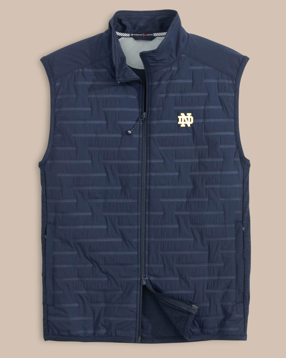 The front view of the Southern Tide Notre Dame Fighting Irish Tide Abercorn Vest by Southern Tide - True Navy