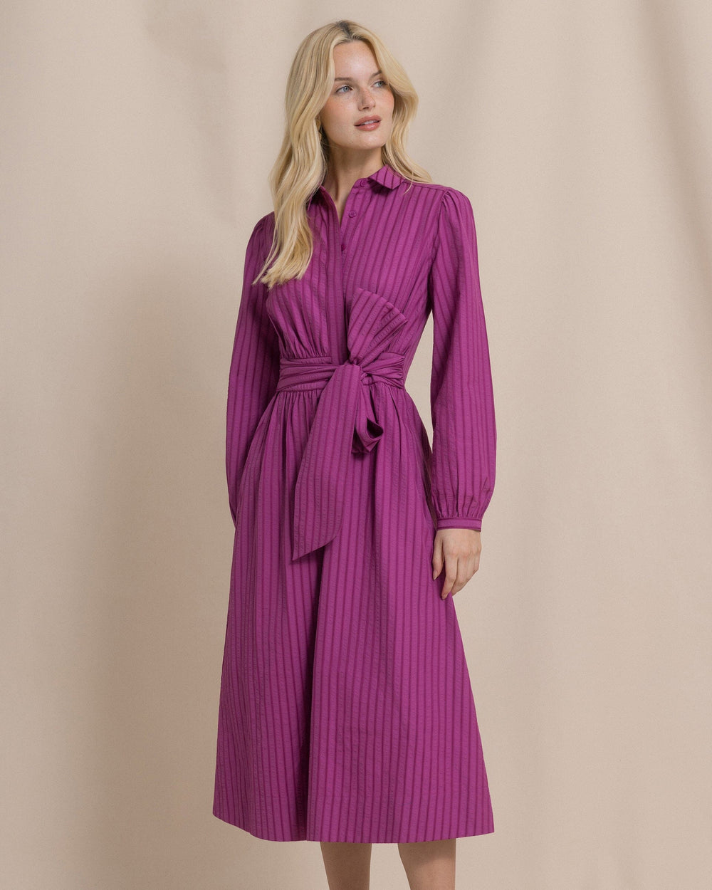 The front view of the Southern Tide Novelty Belted Midi Shirtdress by Southern Tide - Deep Orchid
