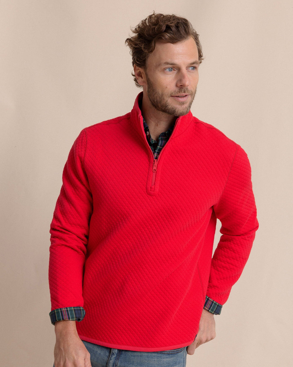 The front view of the Southern Tide Oak Island Reversible Quarter Zip by Southern Tide - Grenadine Red