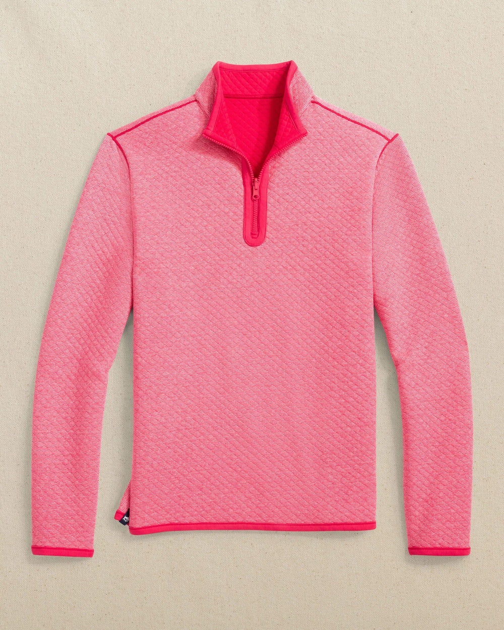 The front reverse view of the Southern Tide Oak Island Reversible Quarter Zip by Southern Tide - Grenadine Red