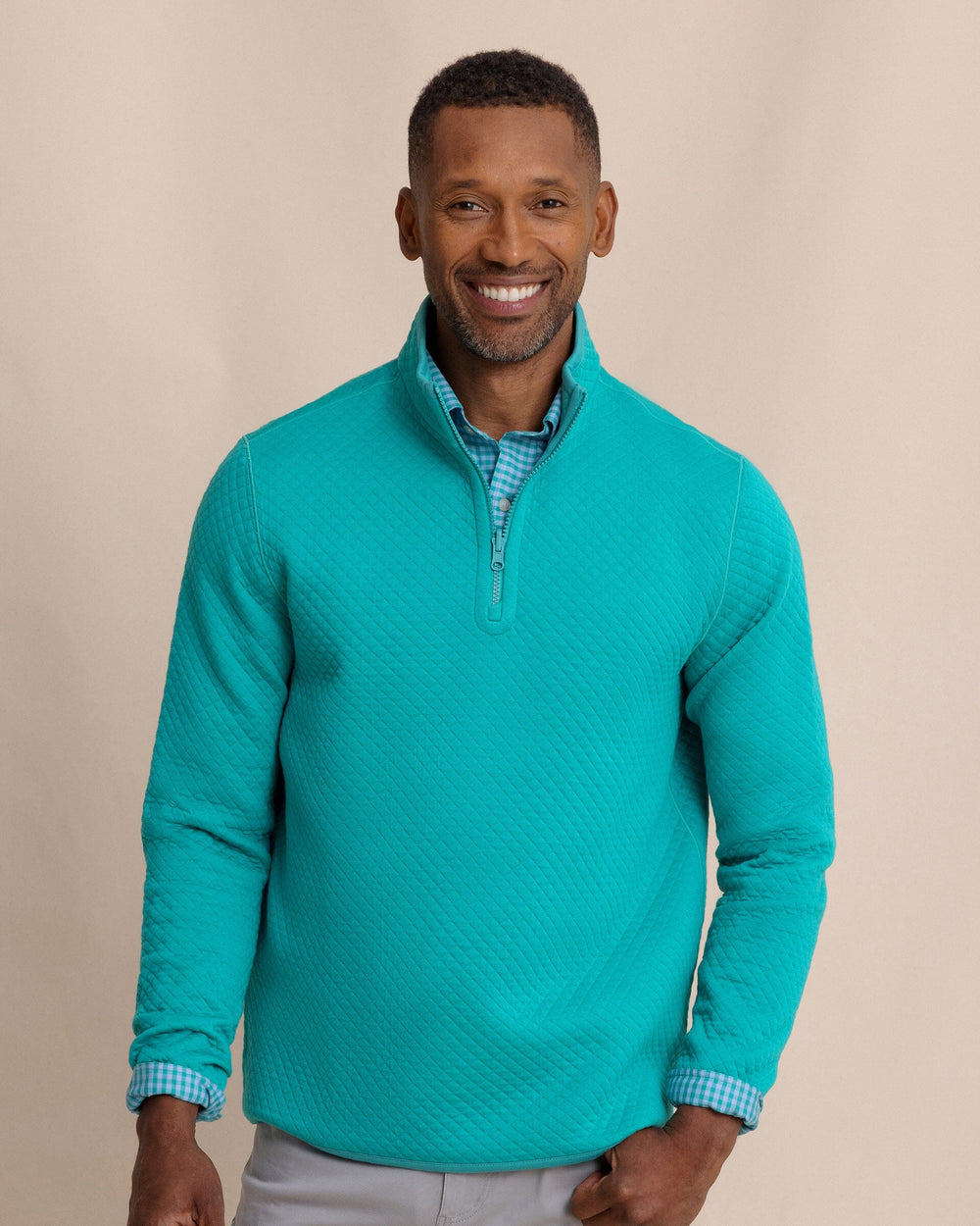 The front view of the Southern Tide Oak Island Reversible Quarter Zip by Southern Tide - Spruce Shade