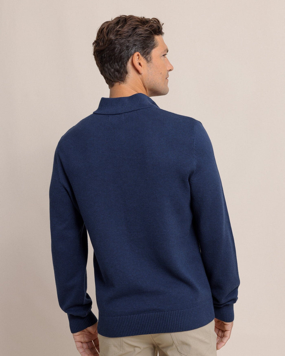 The back view of the Southern Tide Oakatie Heather Quarter Zip Sweater by Southern Tide - Heather Dress Blue