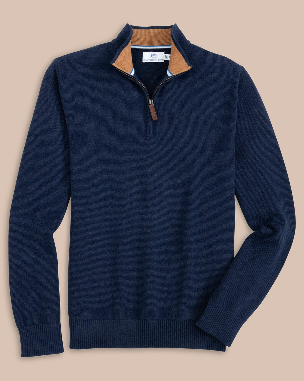 The front view of the Southern Tide Oakatie Heather Quarter Zip Sweater by Southern Tide - Heather Dress Blue