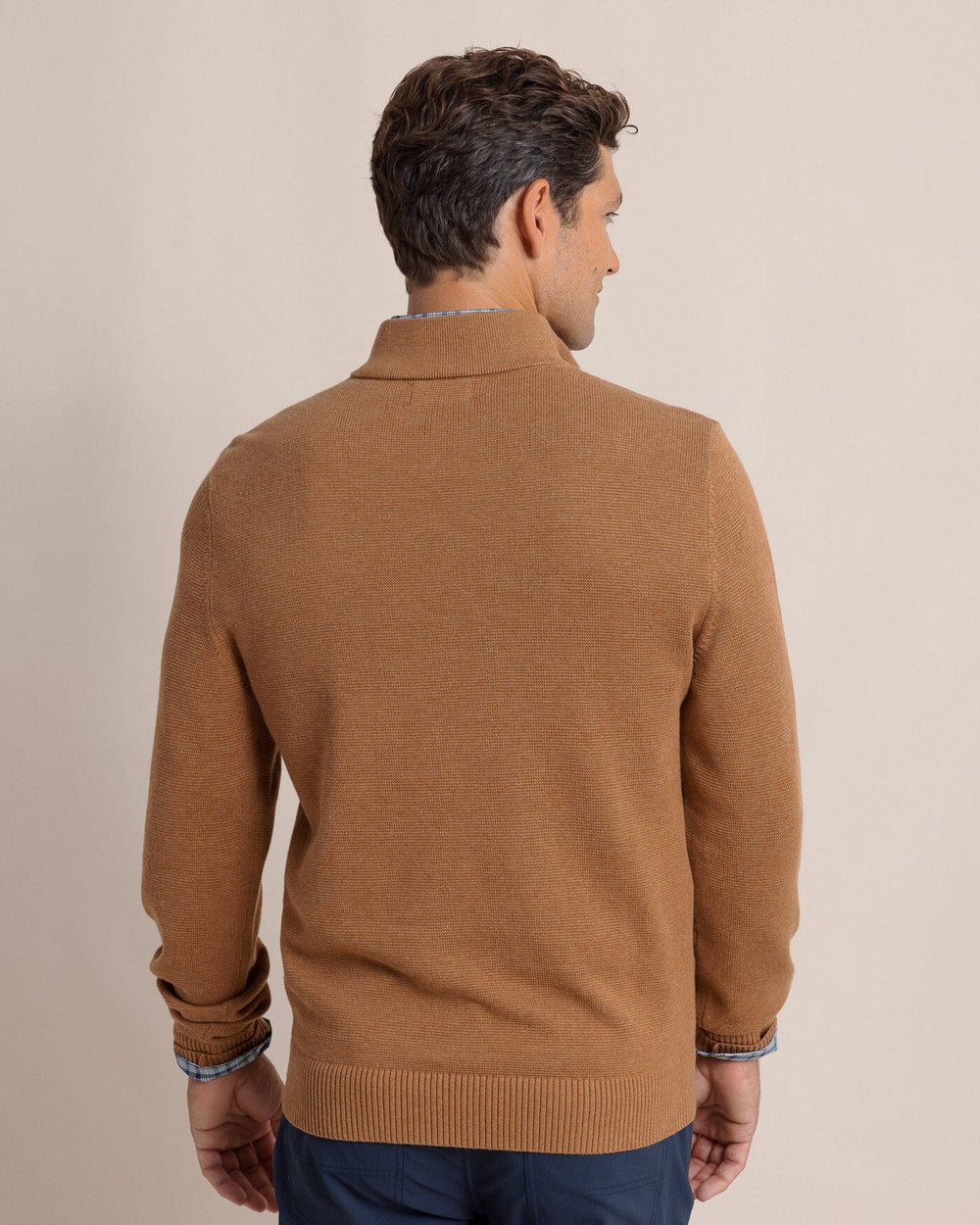 The back view of the Southern Tide Oakatie Heather Quarter Zip Sweater by Southern Tide - Heather Hazelnut Khaki