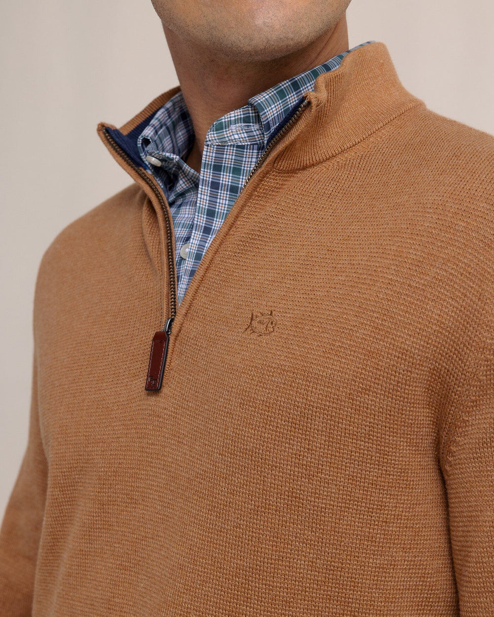 The detail view of the Southern Tide Oakatie Heather Quarter Zip Sweater by Southern Tide - Heather Hazelnut Khaki