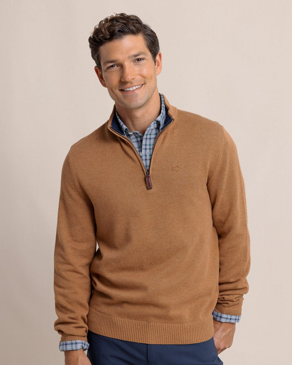 The front view of the Southern Tide Oakatie Heather Quarter Zip Sweater by Southern Tide - Heather Hazelnut Khaki