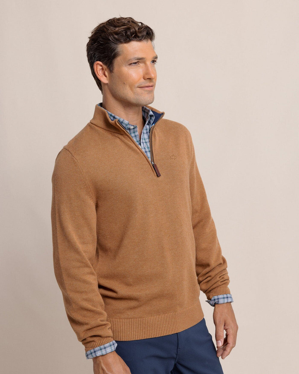 The side view of the Southern Tide Oakatie Heather Quarter Zip Sweater by Southern Tide - Heather Hazelnut Khaki