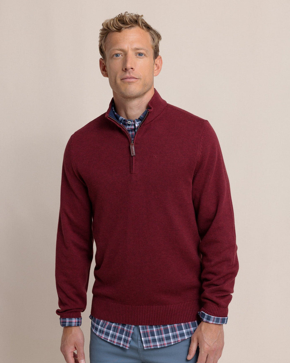 The front view of the Southern Tide Oakatie Heather Quarter Zip Sweater by Southern Tide - Heather Muscadine