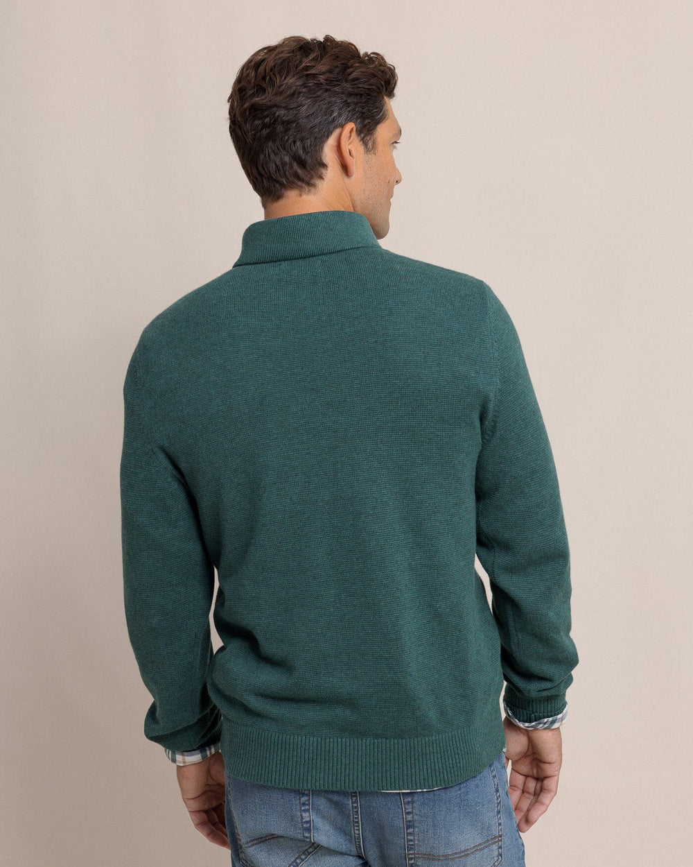 The back view of the Southern Tide Oakatie Heather Quarter Zip Sweater by Southern Tide - Heather Salt Meadow