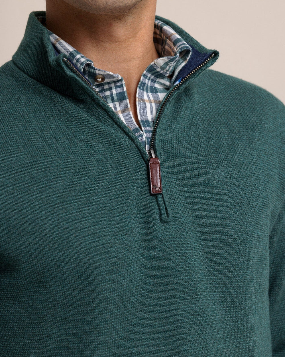 The detail view of the Southern Tide Oakatie Heather Quarter Zip Sweater by Southern Tide - Heather Salt Meadow