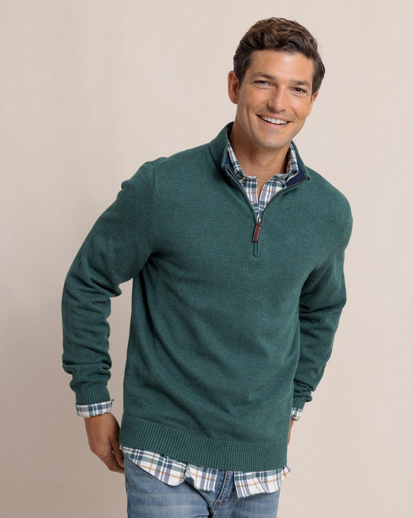 The front view of the Southern Tide Oakatie Heather Quarter Zip Sweater by Southern Tide - Heather Salt Meadow